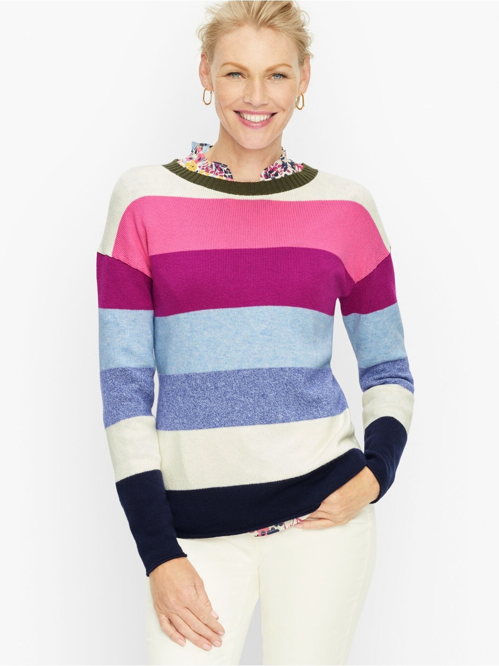 Talbots Striped Crewneck Sweater in Pink, Purple, Light Blue & Navy